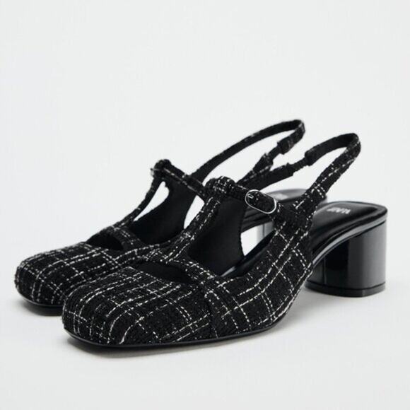 ZARA Textured Slingbacks NWT ๐ค Tweed Fabric Block Heel Size 7.5 8 - Picture 10 of 15